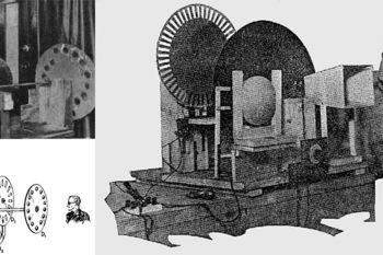 Baird y Stooky Bill junto la primera televisión electromecánica (izquierda arriba). Diagrama del sistema de 1926 (izq. abajo). Televisión de 1928 (derecha)